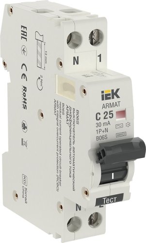 Автомат дифференциального тока АВДТ IEK ARMAT B06S 1п 25А 30мА 6кА B тип AC картинка